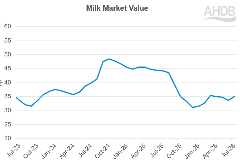 Line graph showing dairy market indicators currently at a low point but increasing slightly